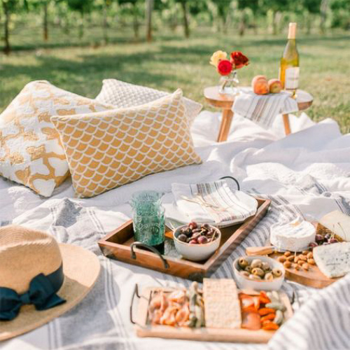 Petite picnic, food and gorgeous set up included with blanket, pillows and delicious gourmet food.